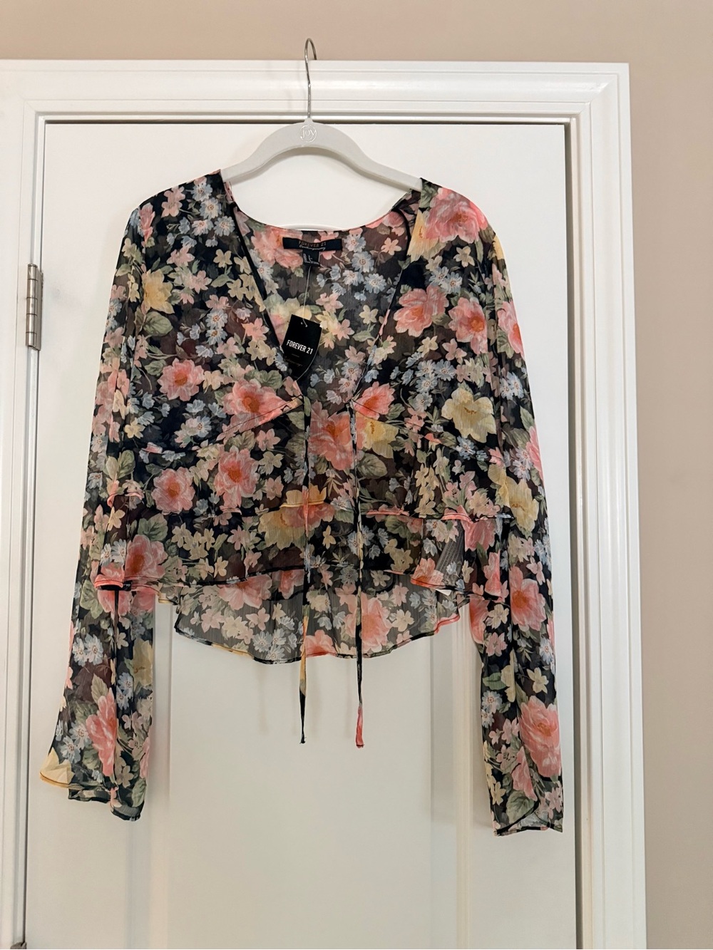 Floral Sheer Tie-Front Blouse - Black/Pink